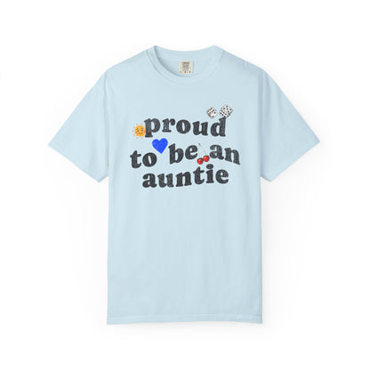 T-shirt with distressed text 'proud to be an auntie' featuring sun, heart, dice and cherries