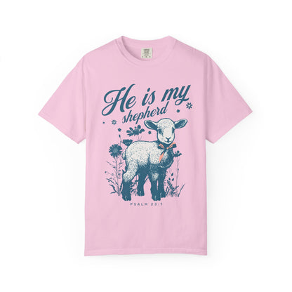 Christian t-shirt featuring adorable lamb with wildflowers and 'He Is My Shepherd' text in teal