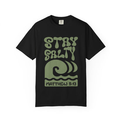 Stay Salty Matthew 5:13 t-shirt with retro wave design in sage green christian graphic