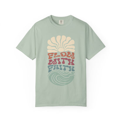 T-shirt with Flow With Faith text in groovy wavy font with retro sunset and wave design
