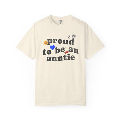 T-shirt with distressed text 'proud to be an auntie' featuring sun, heart, dice and cherries