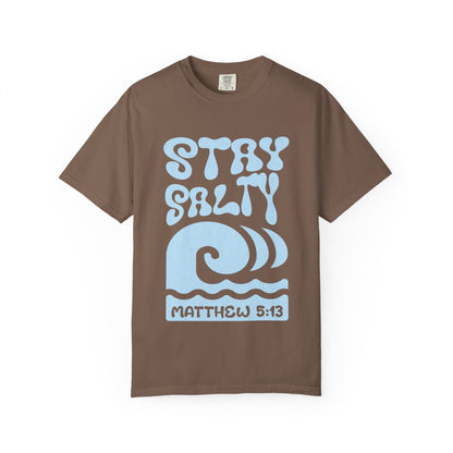 Christian t-shirt with 'Stay Salty' text and ocean wave design referencing Matthew 5:13