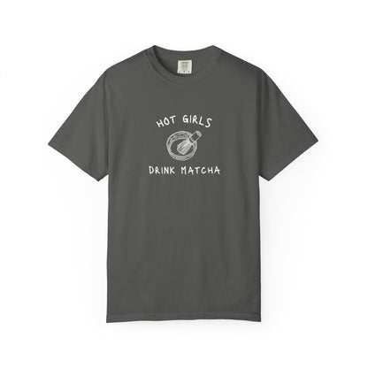 T-shirt with 'Hot Girls Drink Matcha' text and hand-drawn matcha bowl with whisk illustration