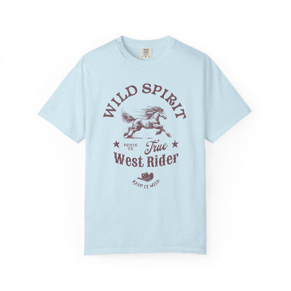 Western t-shirt with galloping horse design, Fenix Texas text, and cowboy hat graphic in vintage style
