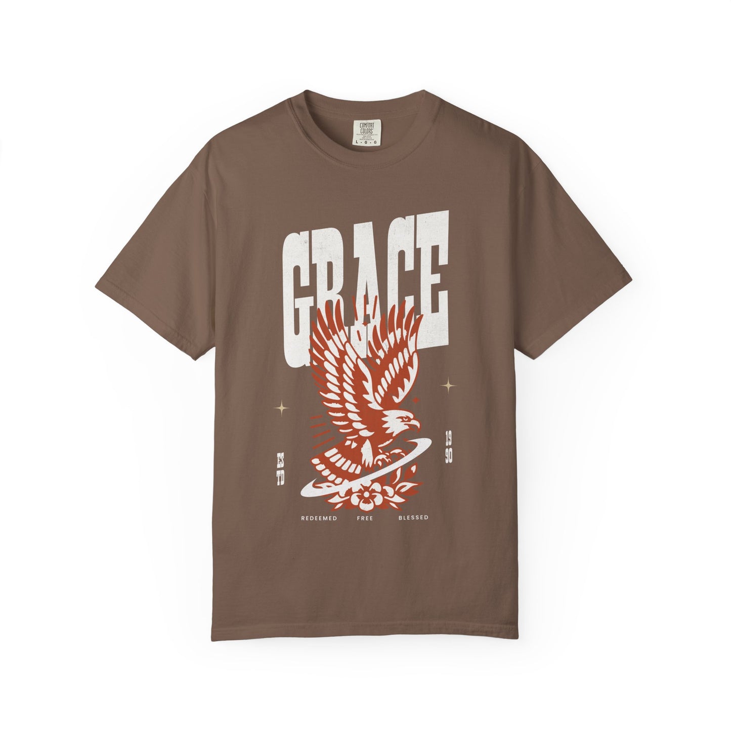 Christian t-shirt with vintage eagle design in orange and cream colors featuring Grace text and decorative elements