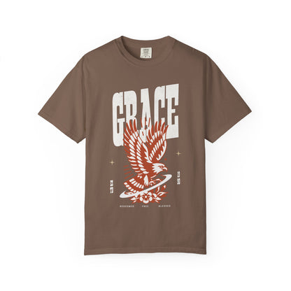 Christian t-shirt with vintage eagle design in orange and cream colors featuring Grace text and decorative elements