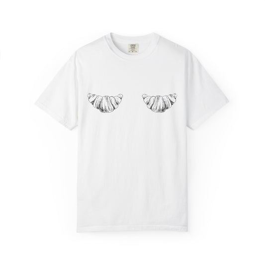 T-shirt with black and white hand-drawn croissant illustrations in vintage sketch style