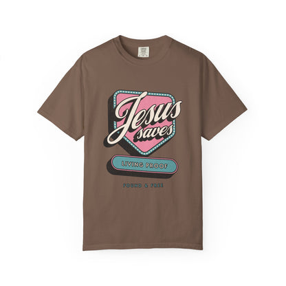 T-shirt with retro Jesus Saves design in pink and blue with distressed vintage styling
