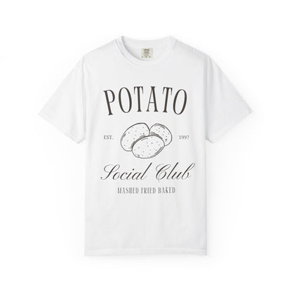 T-shirt with vintage Potato Social Club design featuring hand-drawn potatoes and brown text