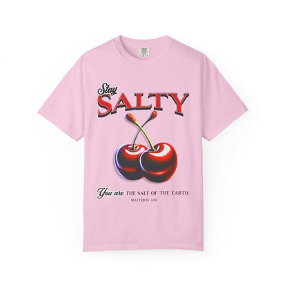 T-shirt with retro Stay Salty text and vintage cherry design featuring Matthew 5:13 scripture
