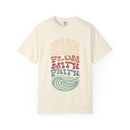 T-shirt with Flow With Faith text in groovy wavy font with retro sunset and wave design