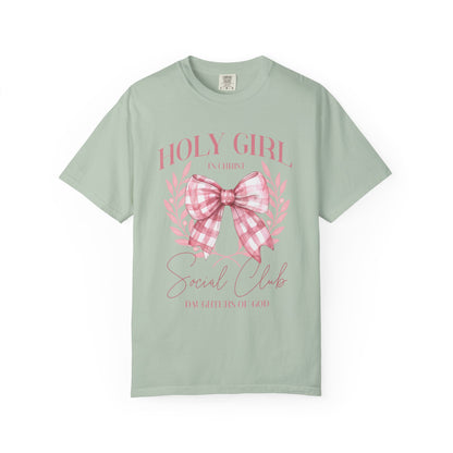 Tshirt with Holy Girl Social Club design featuring pink gingham bow and floral elements