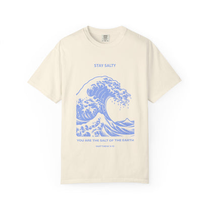 T-shirt with ocean wave design featuring Stay Salty text and Matthew 5:13 Bible verse