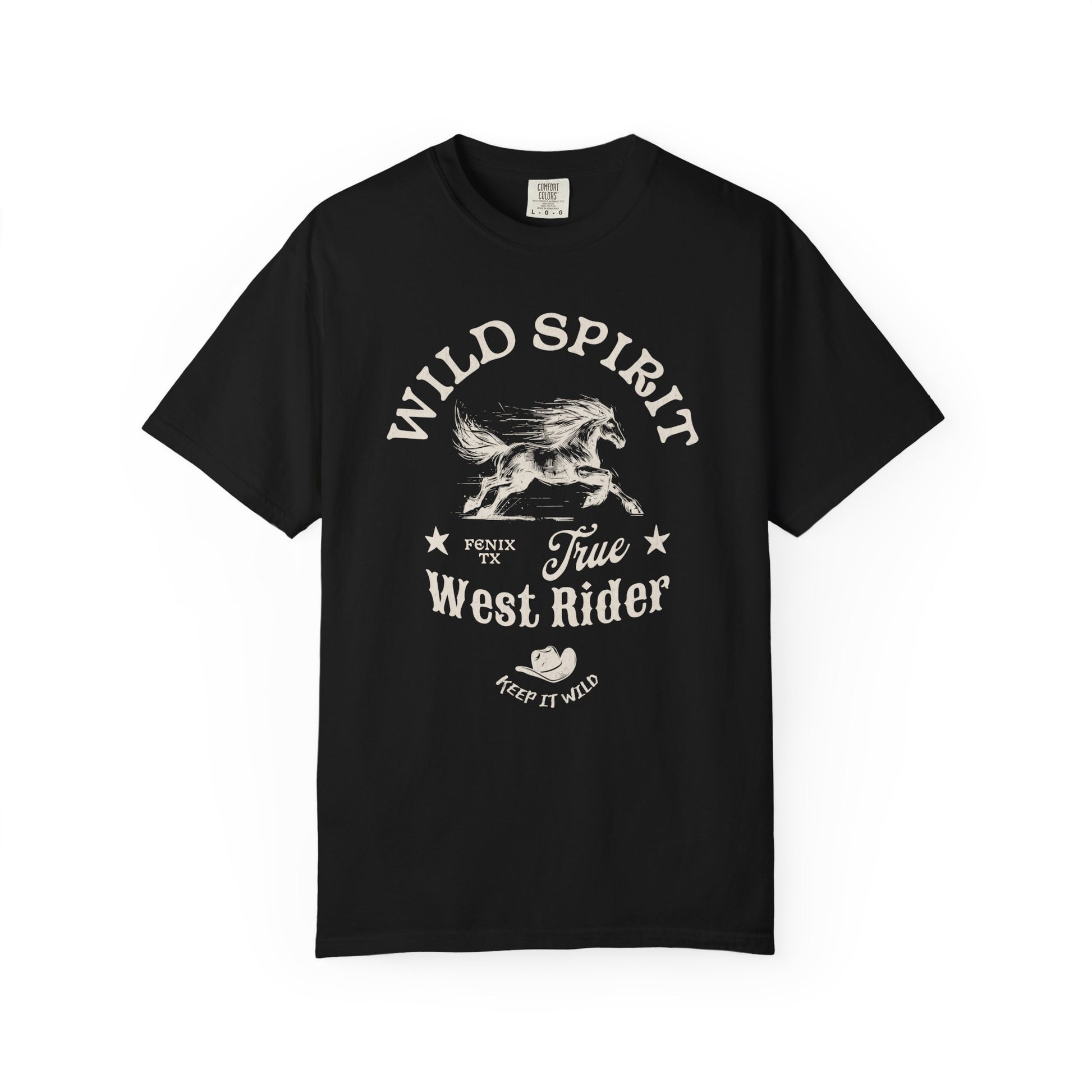 Western t-shirt with galloping horse design, Fenix Texas text, and cowboy hat graphic in vintage style