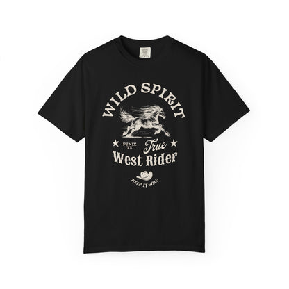 Western t-shirt with galloping horse design, Fenix Texas text, and cowboy hat graphic in vintage style