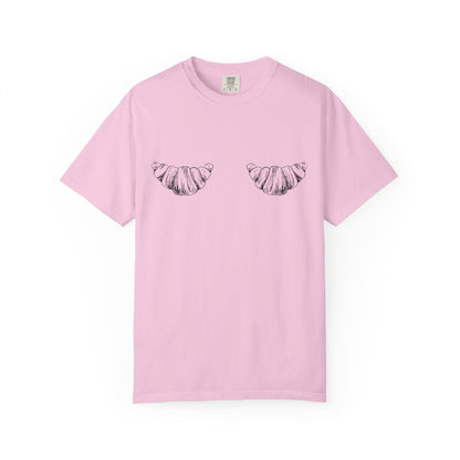 T-shirt with black and white hand-drawn croissant illustrations in vintage sketch style