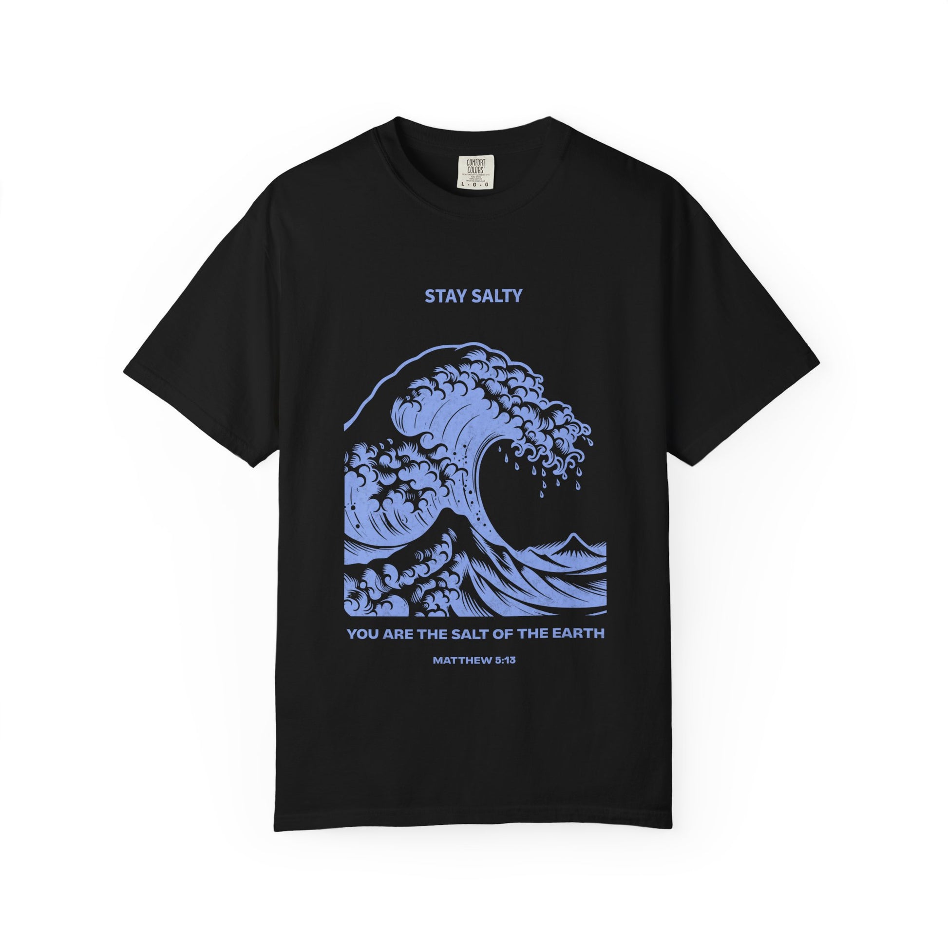 T-shirt with ocean wave design featuring Stay Salty text and Matthew 5:13 Bible verse