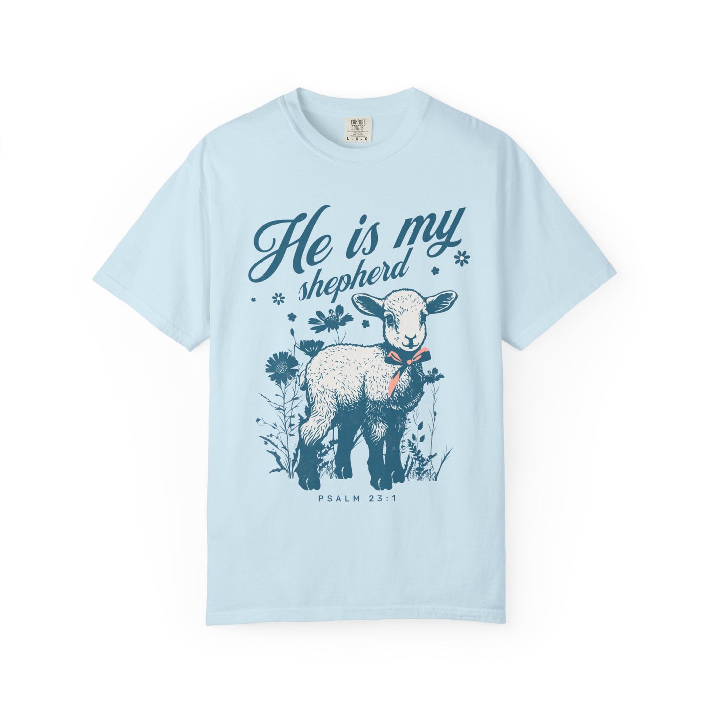 Christian t-shirt featuring adorable lamb with wildflowers and 'He Is My Shepherd' text in teal