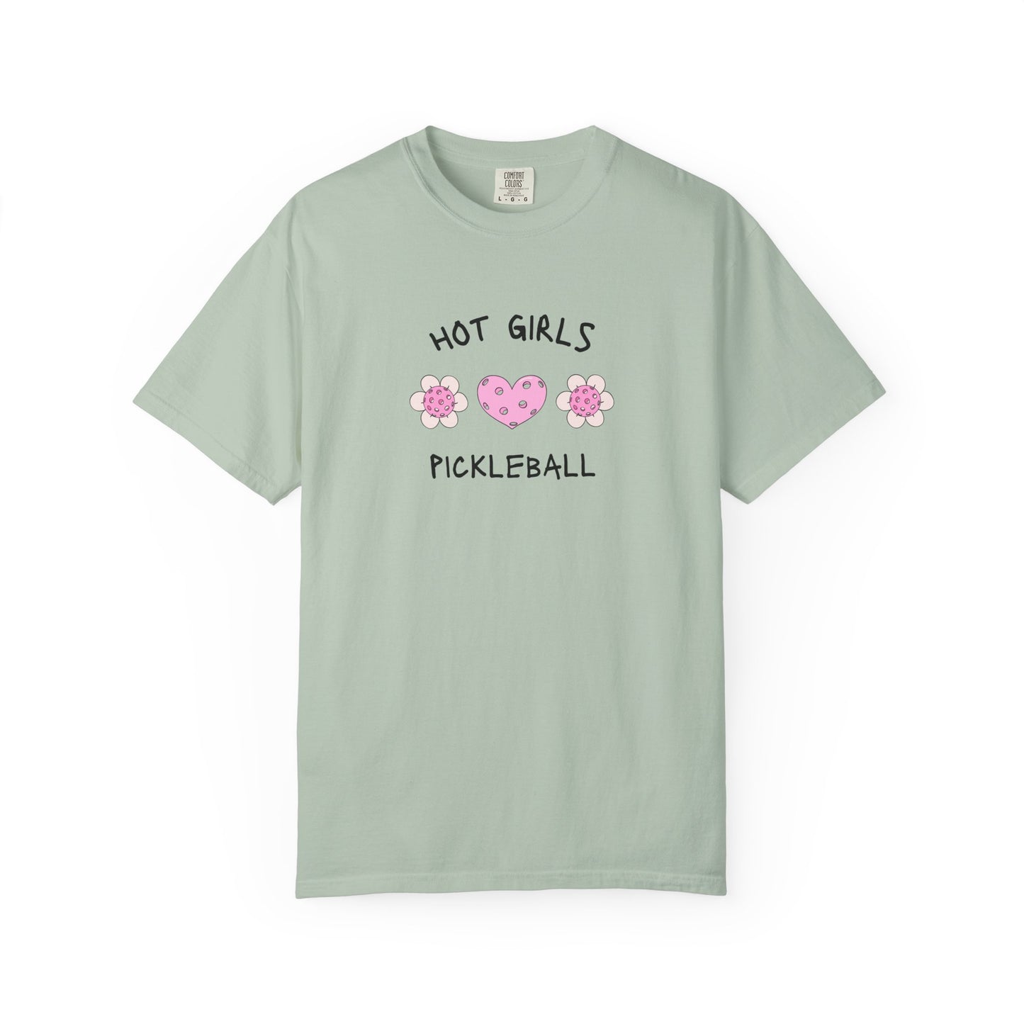 T-shirt with 'Hot Girls Pickleball' text and pink pickleballs designed as flowers and heart