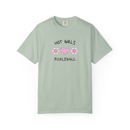 T-shirt with 'Hot Girls Pickleball' text and pink pickleballs designed as flowers and heart