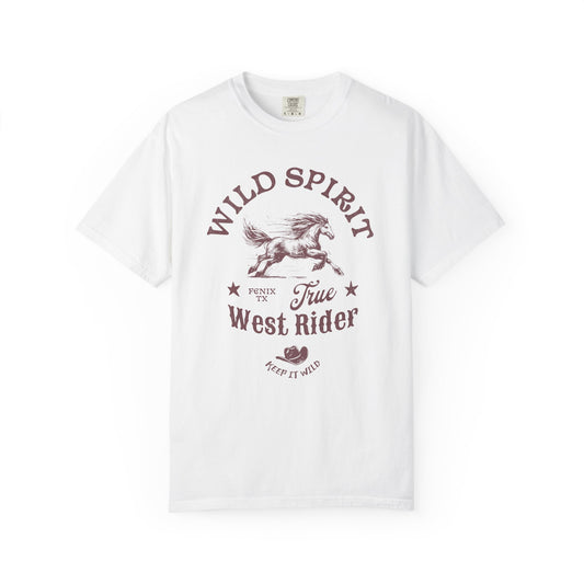 Western t-shirt with galloping horse design, Fenix Texas text, and cowboy hat graphic in vintage style