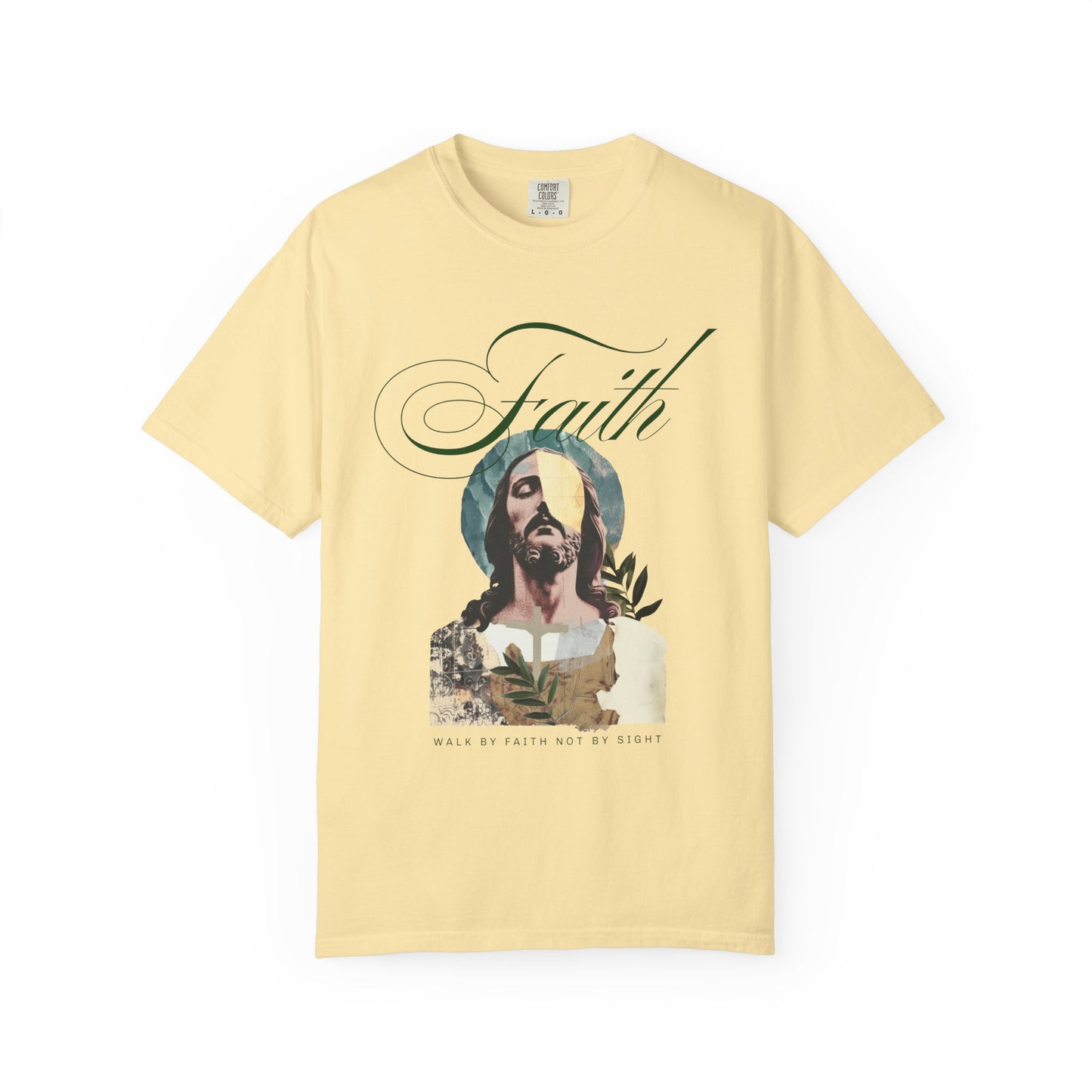 Jesus t-shirt with artistic collage design featuring Christ's face and Walk By Faith Not By Sight text