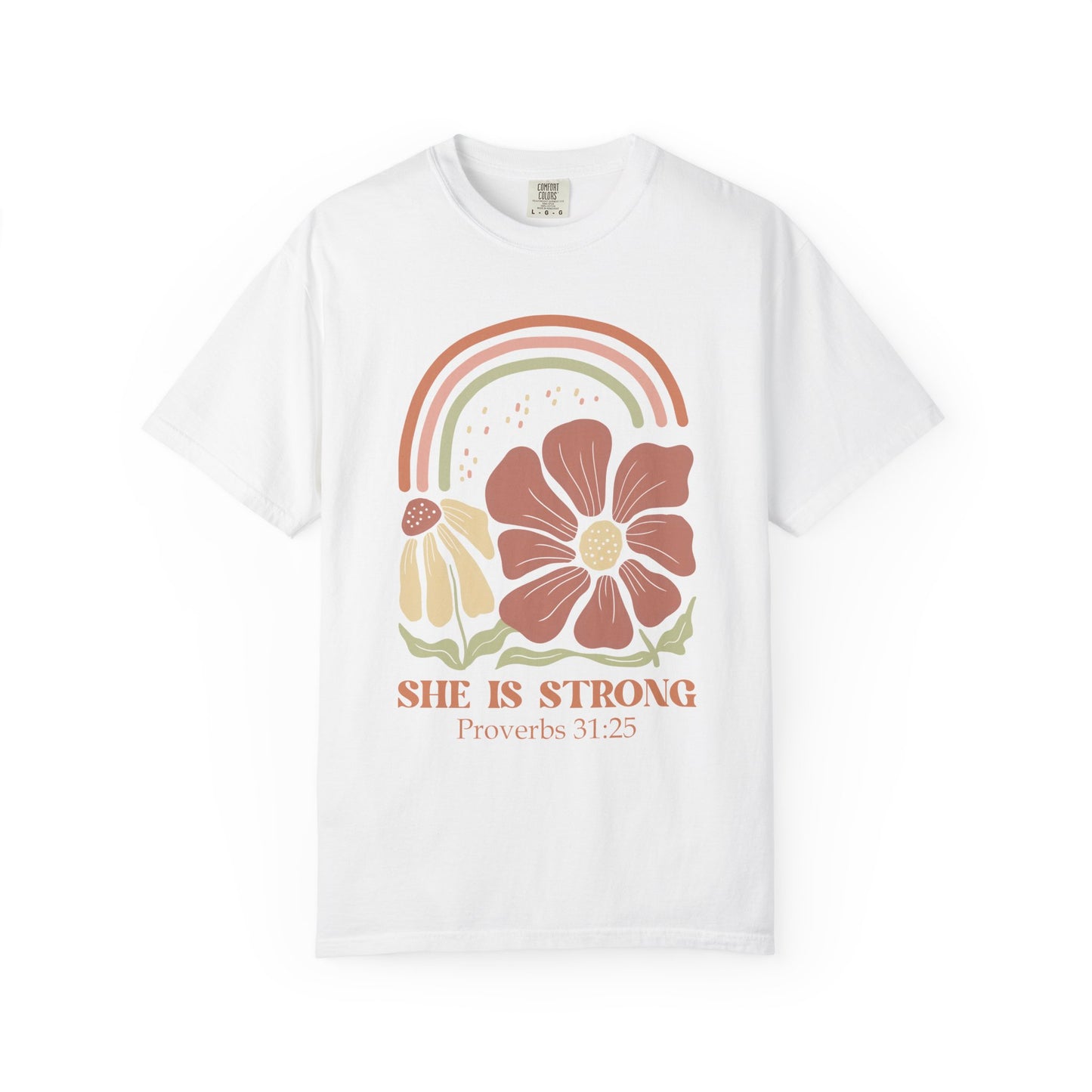 T-shirt with boho rainbow, terracotta and cream flowers, and 'She Is Strong Proverbs 31:25' text