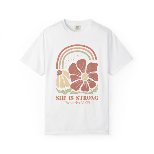 T-shirt with boho rainbow, terracotta and cream flowers, and 'She Is Strong Proverbs 31:25' text