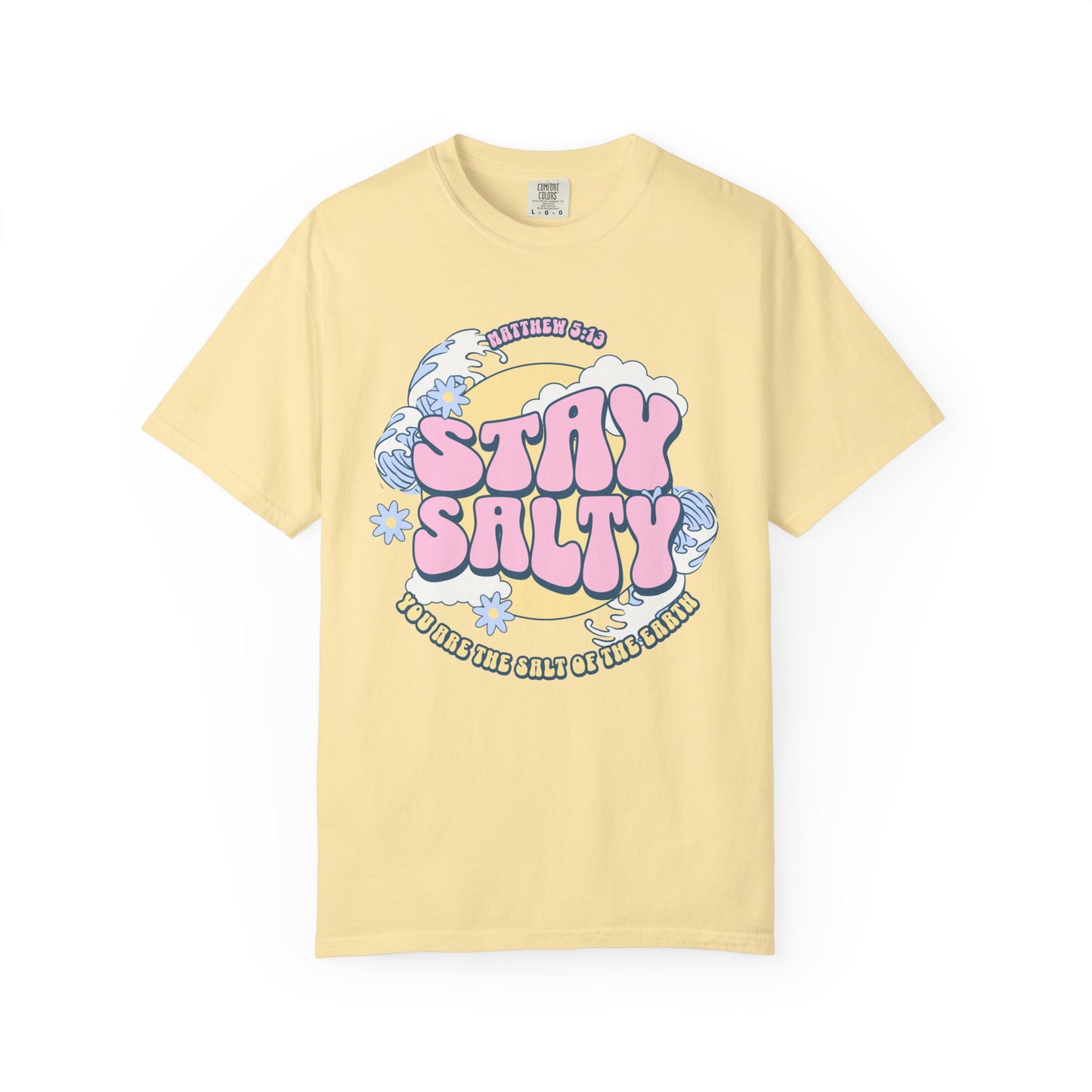 Christian t-shirt with pink 'Stay Salty' text, Matthew 5:13 verse, ocean waves and daisy flowers