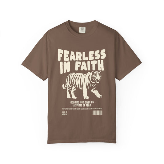 A t-shirt featuring 'Fearless In Faith' text design in elegant cream colored typography