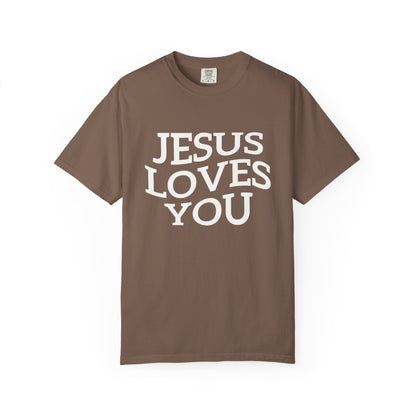 T-shirt with bold black text reading 'JESUS LOVES YOU' in large serif typography