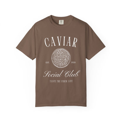 T-shirt with vintage caviar social club logo featuring caviar tin graphic and elegant typography