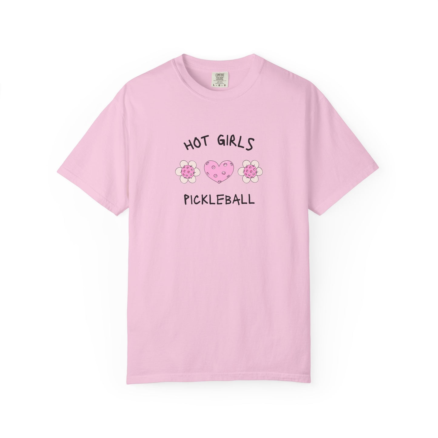 T-shirt with 'Hot Girls Pickleball' text and pink pickleballs designed as flowers and heart