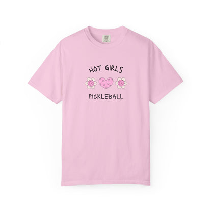 T-shirt with 'Hot Girls Pickleball' text and pink pickleballs designed as flowers and heart