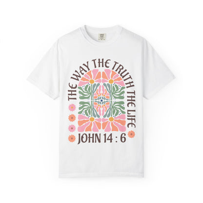 Christian t-shirt with John 14:6 verse and decorative floral mandala in pink, coral, and green