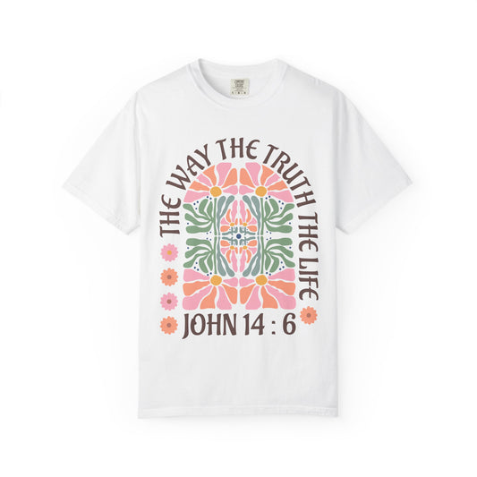 Christian t-shirt with John 14:6 verse and decorative floral mandala in pink, coral, and green