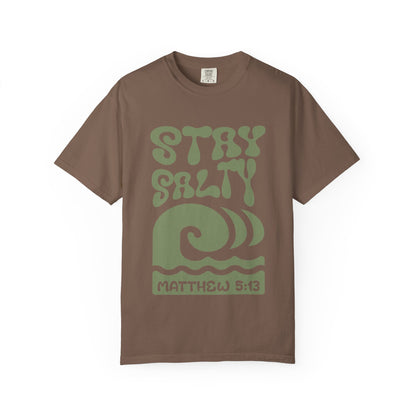 Stay Salty Matthew 5:13 t-shirt with retro wave design in sage green christian graphic