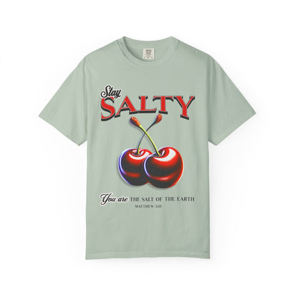 T-shirt with retro Stay Salty text and vintage cherry design featuring Matthew 5:13 scripture