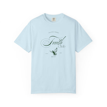 T-shirt with The Holy Order Faith Club text in elegant script with dove design and 33 A.D. Holy City details