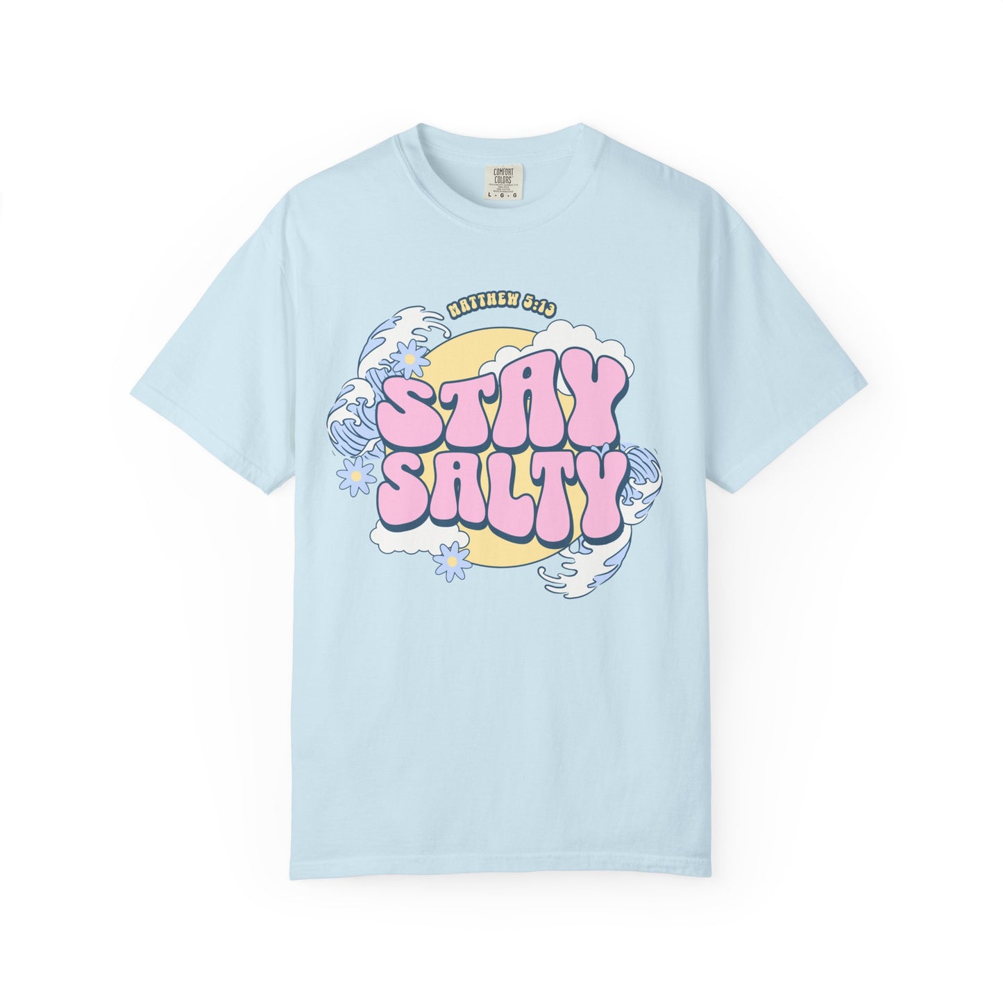 T-shirt with wavy font Stay Salty Matthew 5:13 text in pink bubble letters with ocean waves and flowers