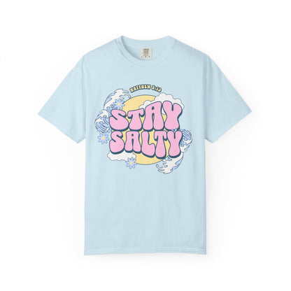 T-shirt with wavy font Stay Salty Matthew 5:13 text in pink bubble letters with ocean waves and flowers