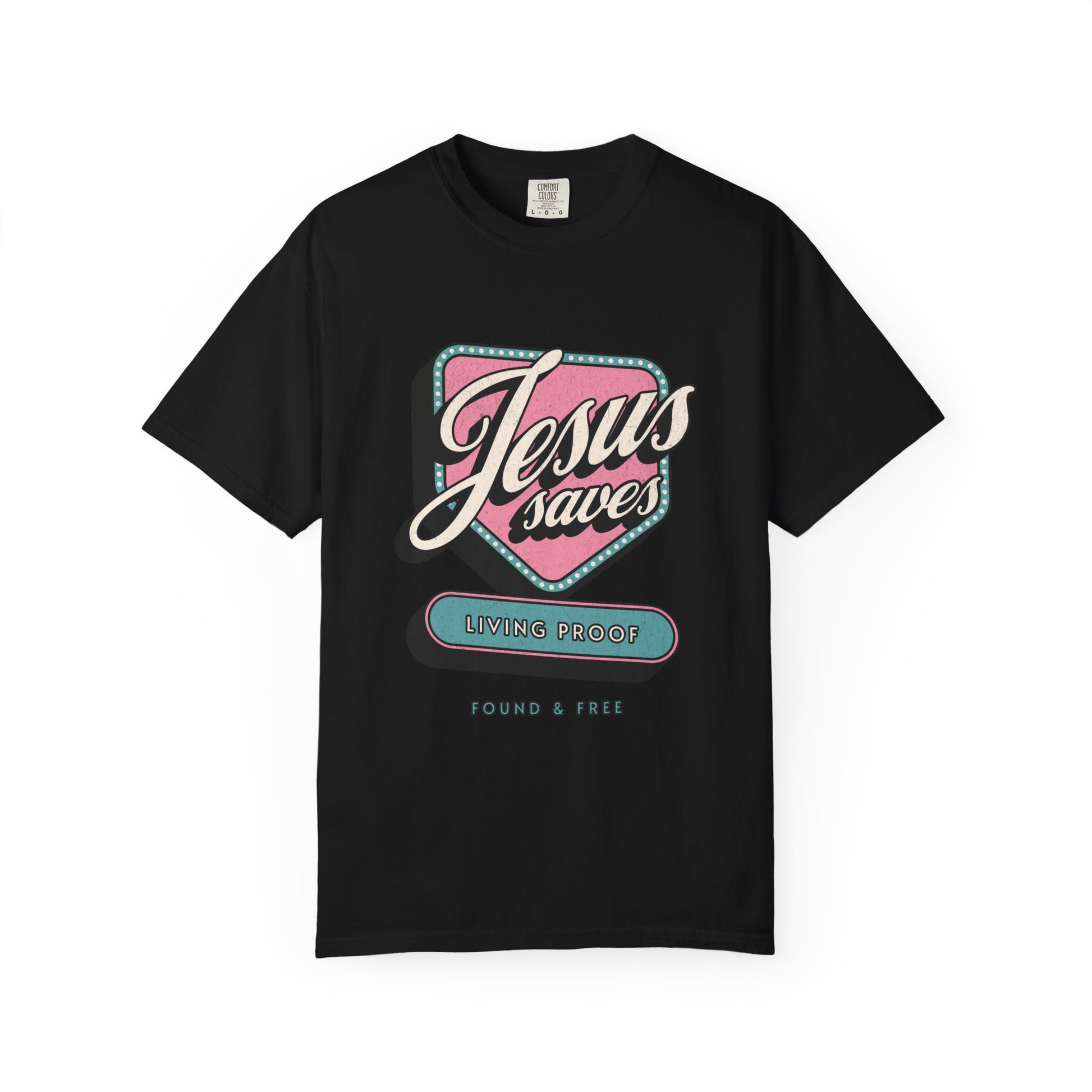 T-shirt with retro Jesus Saves design in pink and blue with distressed vintage styling