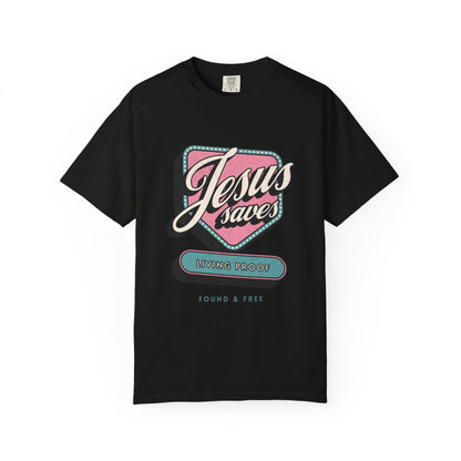 T-shirt with retro Jesus Saves design in pink and blue with distressed vintage styling