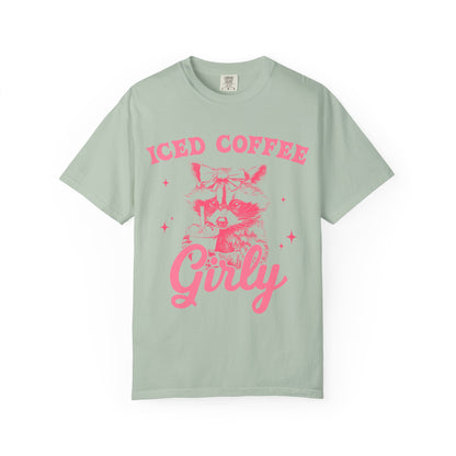 T-shirt with pink raccoon wearing bow holding iced coffee cup with 'Iced Coffee Girl' text and stars