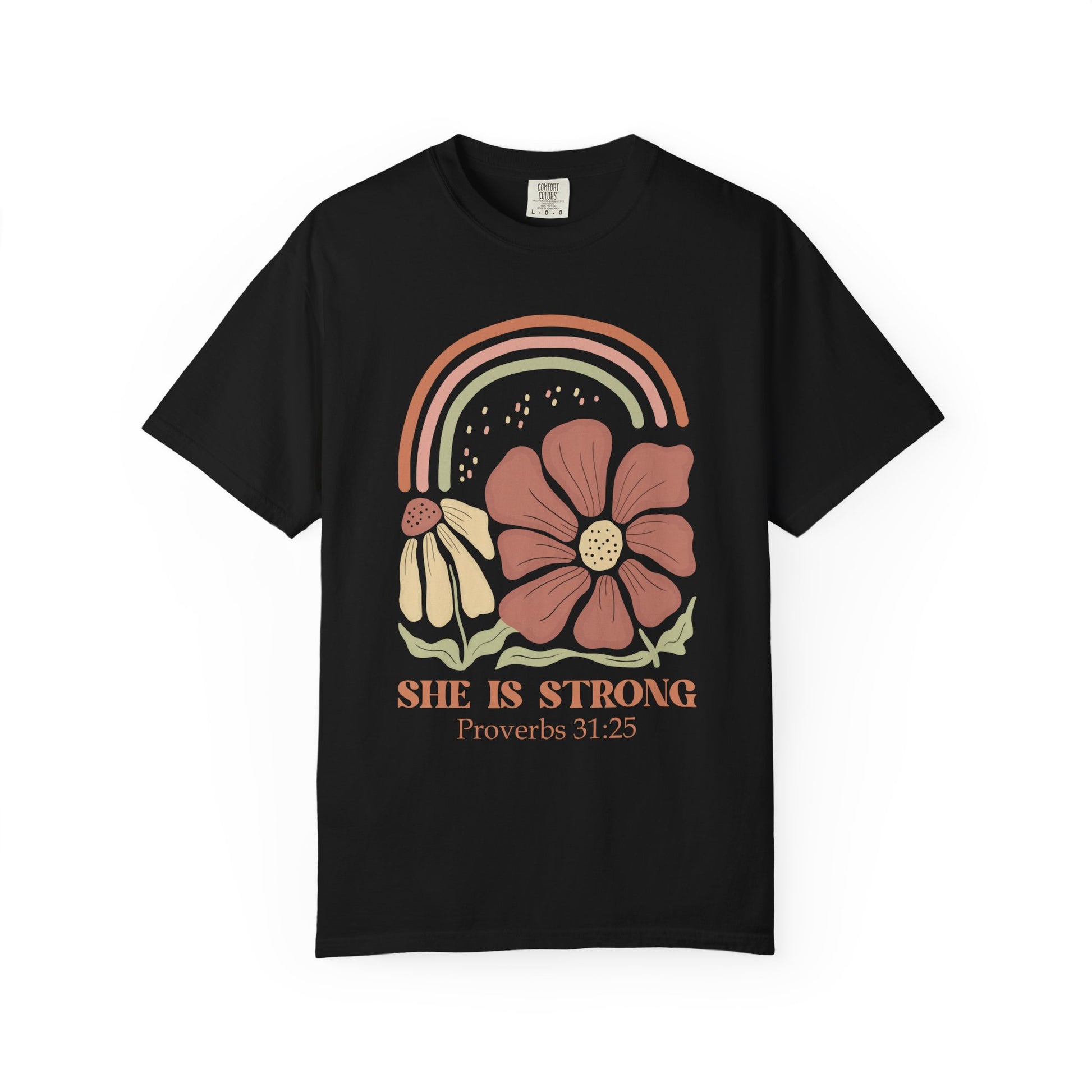 T-shirt with boho rainbow, terracotta and cream flowers, and 'She Is Strong Proverbs 31:25' text