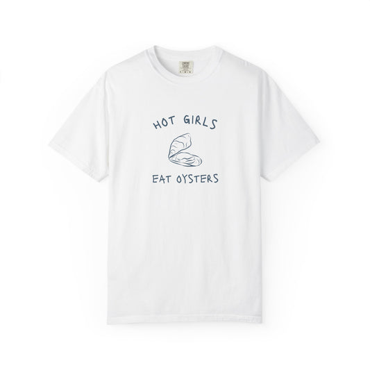 T-shirt with 'Hot Girls Eat Oysters' text and minimalist oyster shell illustration in blue tones