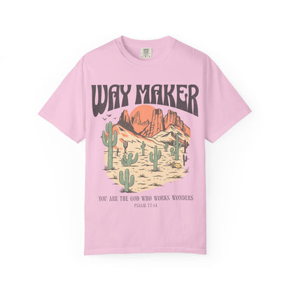 T-shirt with Way Maker text, desert landscape featuring cacti, mountains, and orange sunset with Psalm 77:14 verse