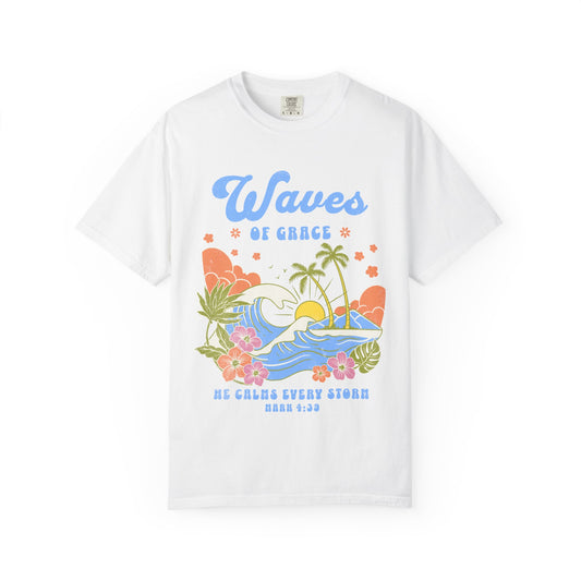 T-shirt with tropical ocean waves, palm trees, hibiscus flowers and 'Waves of Grace' scripture design