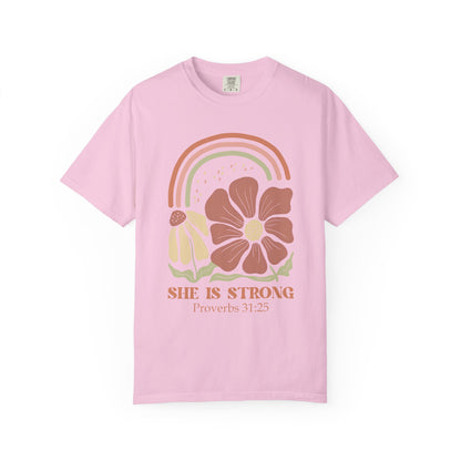 T-shirt with boho rainbow, terracotta and cream flowers, and 'She Is Strong Proverbs 31:25' text