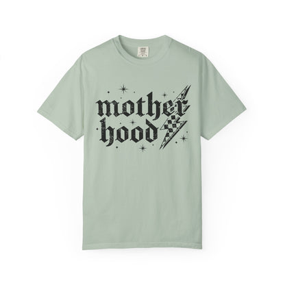 T-shirt with gothic Mother Hood text, lightning bolt graphics, and checkerboard pattern elements